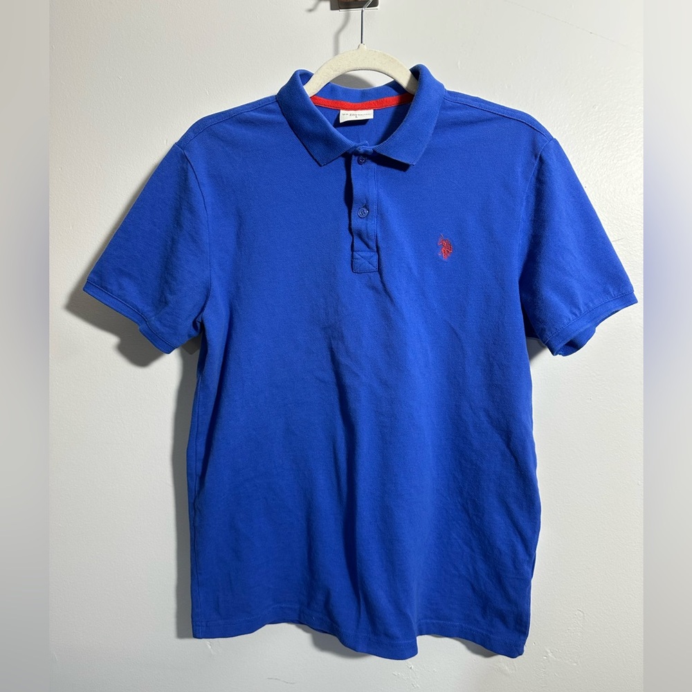 U.S. Polo Assn Men's L Short Sleeve Blue Polo Red Logo Shirt | 0916